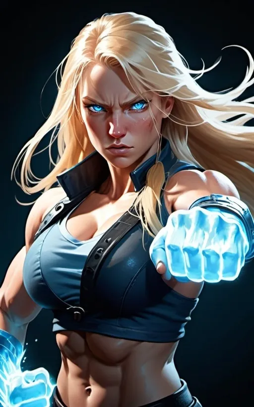 Prompt: Female figure. Greater bicep definition. Sharper, clearer blue eyes. Nosebleed. Long Blonde hair flapping. Frostier, glacier effects. Fierce combat stance. Raging Fists. Icy Knuckles. Wearing Pants. 