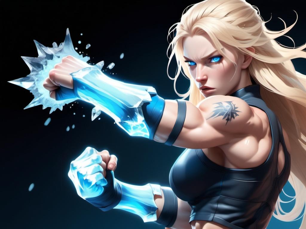 Prompt: Female figure. Greater bicep definition. Sharper, clearer blue eyes. Nosebleed. Long Blonde hair flapping. Frostier, glacier effects. Fierce combat stance. Raging Fists. Icy Knuckles.