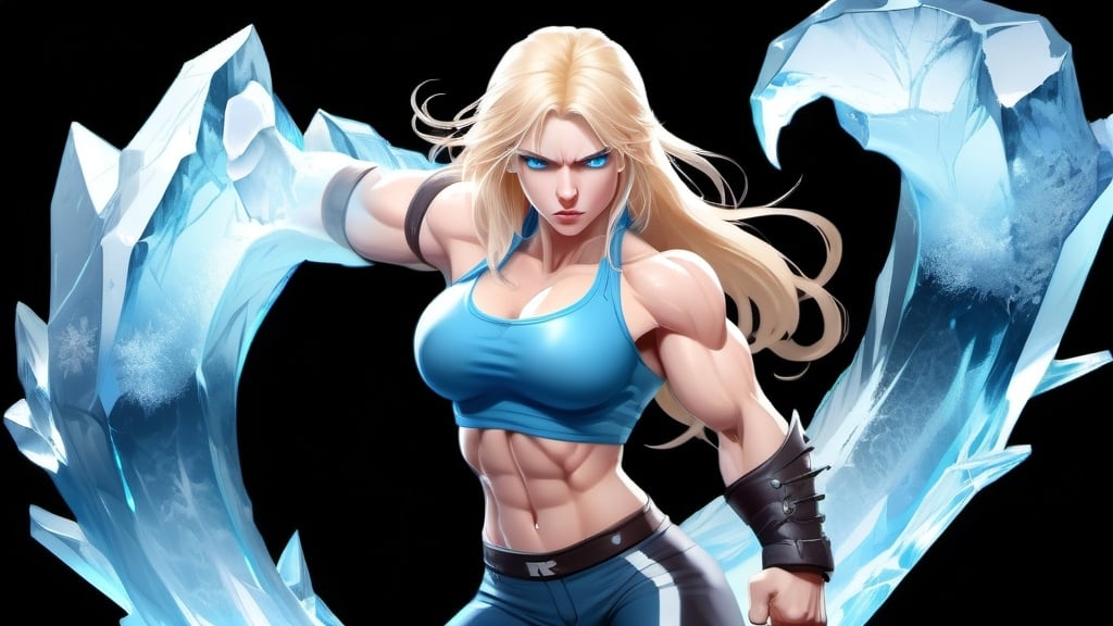 Prompt: Female figure. Greater bicep definition. Sharper, clearer blue eyes. Nosebleed. Long Blonde hair flapping. Frostier, glacier effects. Fierce combat stance. Raging Fists. Icy Knuckles.