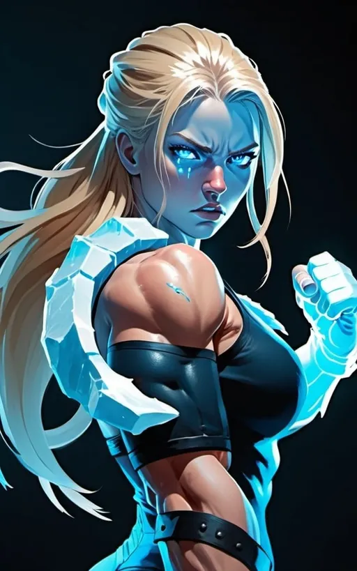 Prompt: Female figure. Greater bicep definition. Sharper, clearer blue eyes. Bleeding. Long Blonde hair flapping. Frostier, glacier effects. Fierce combat stance. Raging Fists. Icy Knuckles. 