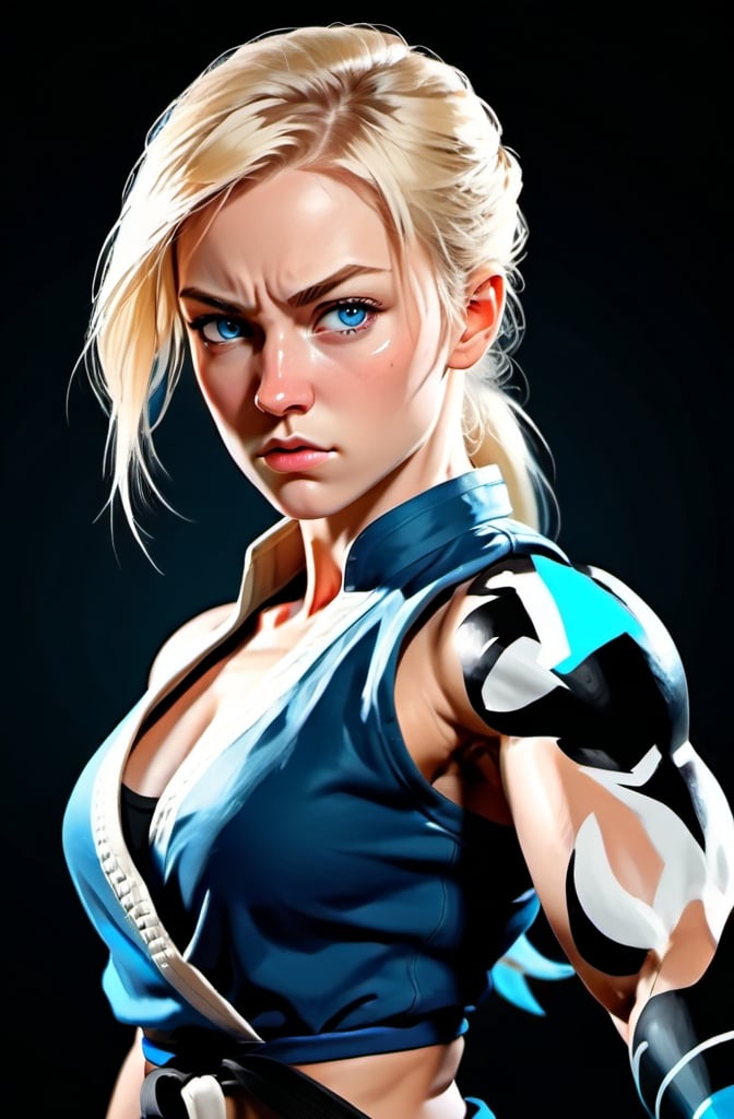 Prompt: Female figure. Greater bicep definition. Sharper, clearer blue eyes. Blonde hair flapping. Frostier, glacier effects. Fierce combat stance. Martial arts. 