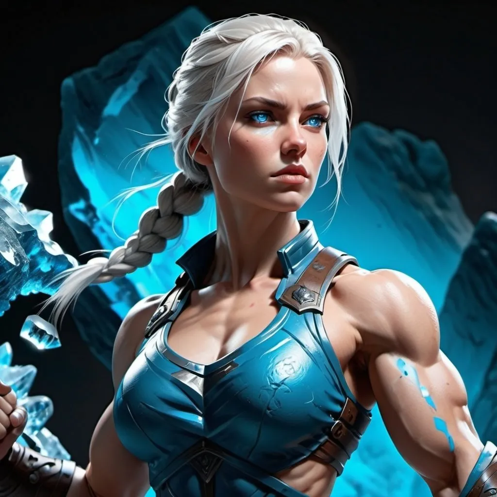 Prompt: Female figure. Greater bicep definition. Sharper, clearer blue eyes.  Frostier, glacier effects. Fierce combat stance. 