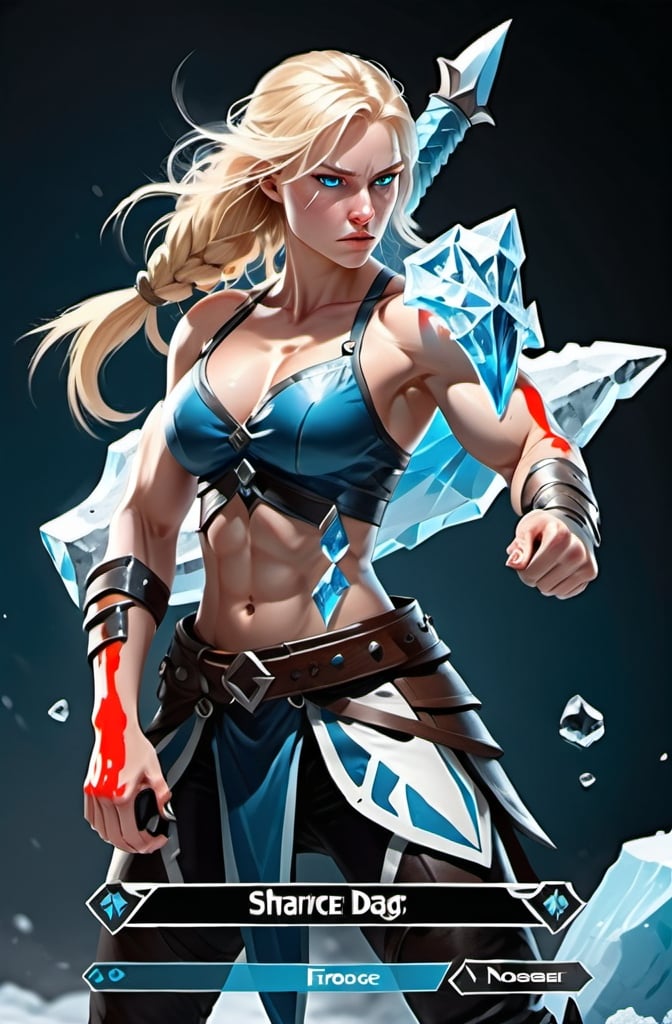 Prompt:  Female figure. Greater bicep definition. Sharper, clearer blue eyes. Blonde hair flapping. Nosebleed. Frostier, glacier effects. Fierce combat stance. Holding ice daggers. 