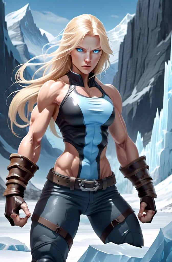 Prompt: Female figure. Greater bicep definition. Sharper, clearer blue eyes. Nosebleed. Long Blonde hair flapping. Frostier, glacier effects. Fierce combat stance. Raging Fists. Icy Knuckles.