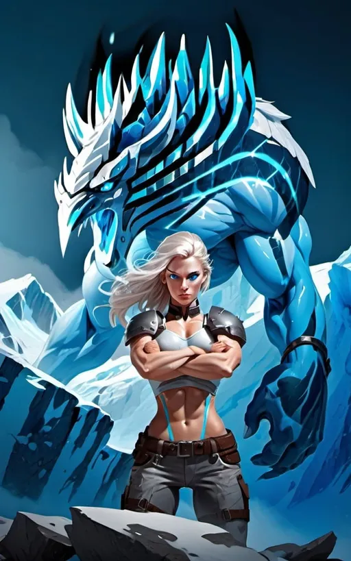 Prompt: Female figure. Greater bicep definition. Sharper, clearer blue eyes.  Frostier, glacier effects. Fierce combat stance. 