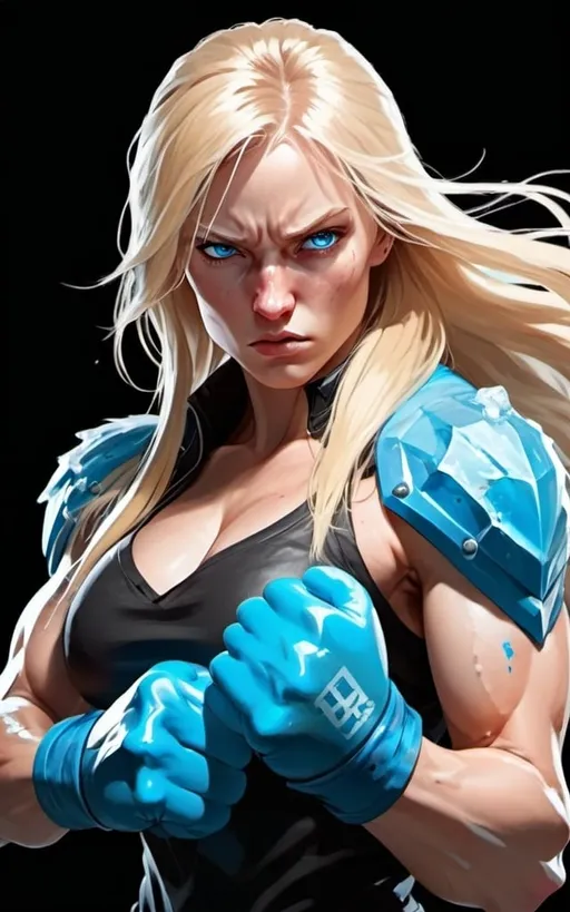 Prompt: Female figure. Greater bicep definition. Sharper, clearer blue eyes. Bleeding. Long Blonde hair flapping. Frostier, glacier effects. Fierce combat stance. Raging Fists. Icy Knuckles.