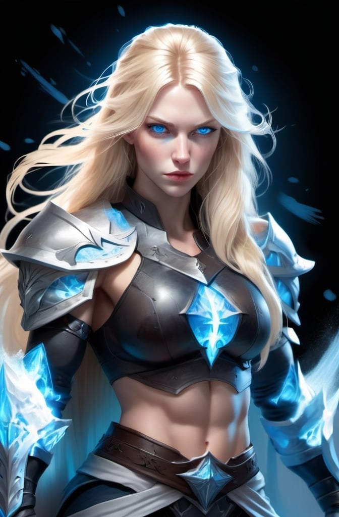 Prompt: Female figure. Greater bicep definition. Sharper, clearer blue eyes. Long Blonde hair flapping. Frostier, glacier effects. Fierce combat stance. Sitting on a throne. Resting her cheek on her hand.