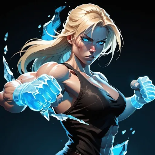 Prompt: Female figure. Greater bicep definition. Sharper, clearer blue eyes. Bleeding. Long Blonde hair flapping. Frostier, glacier effects. Fierce combat stance. Raging Fists. Icy Knuckles. 