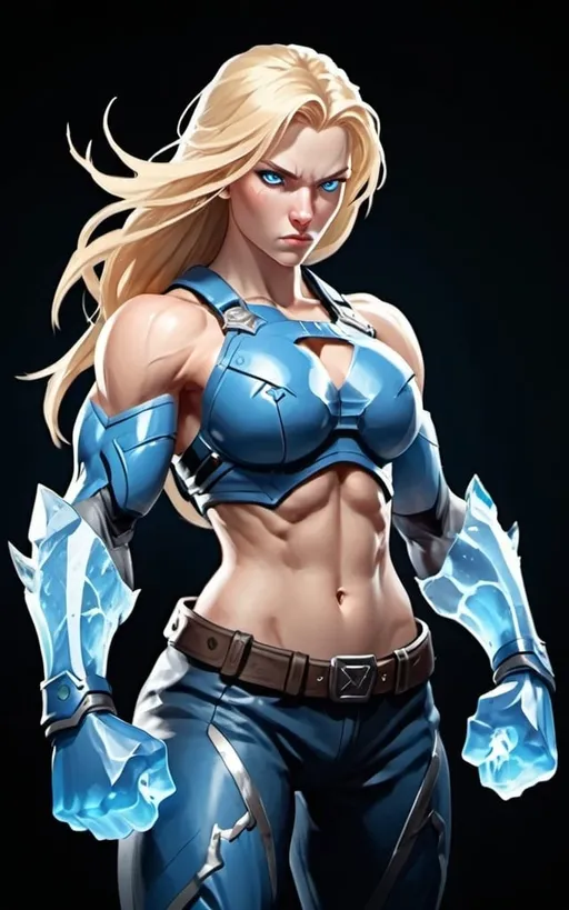 Prompt: Female figure. Greater bicep definition. Sharper, clearer blue eyes. Nosebleed. Long Blonde hair flapping. Frostier, glacier effects. Fierce combat stance. Raging Fists. Icy Knuckles. Blue armor suit.