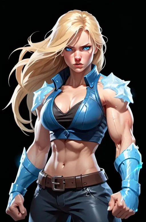 Prompt: Female figure. Greater bicep definition. Sharper, clearer blue eyes. Nosebleed. Long Blonde hair flapping. Frostier, glacier effects. Fierce combat stance. Raging Fists. Icy Knuckles.