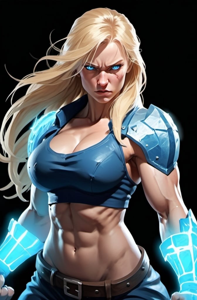 Prompt: Female figure. Greater bicep definition. Sharper, clearer blue eyes. Nosebleed. Long Blonde hair flapping. Frostier, glacier effects. Fierce combat stance. Raging Fists. 