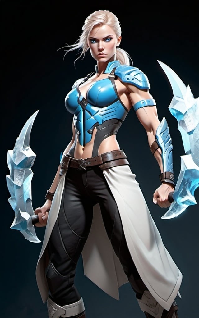 Prompt: Female figure. Greater bicep definition. Sharper, clearer blue eyes.  Frostier, glacier effects. Fierce combat stance. 