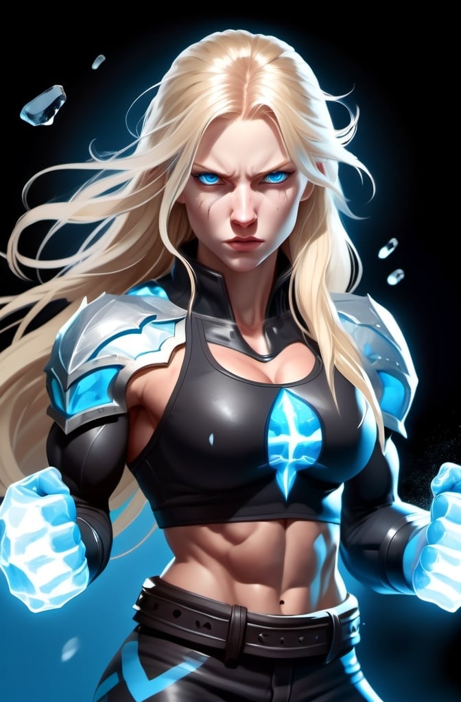 Prompt: Female figure. Greater bicep definition. Sharper, clearer blue eyes. Nosebleed. Long Blonde hair flapping. Frostier, glacier effects. Fierce combat stance. Raging Fists. Icy Knuckles.