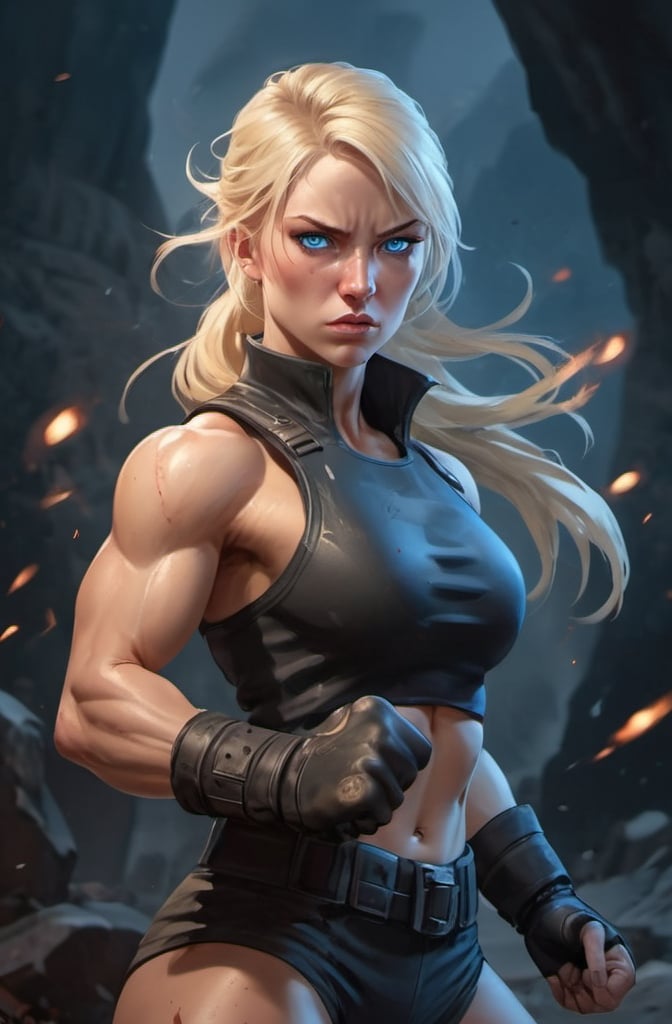 Prompt: Female figure. Greater bicep definition. Sharper, clearer blue eyes. Nose bleed. Blonde hair flapping. Frostier, glacier effects. Fierce combat stance. Raging Fists. 