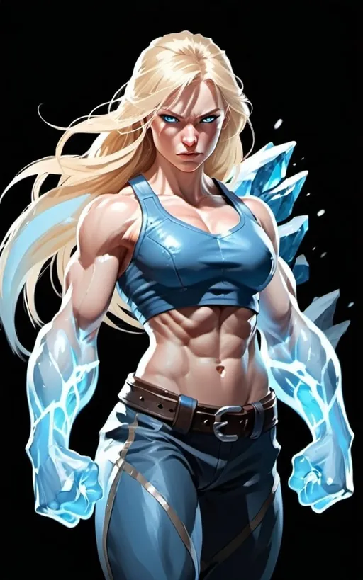 Prompt: Female figure. Greater bicep definition. Sharper, clearer blue eyes. Long Blonde hair flapping. Frostier, glacier effects. Fierce combat stance. Icy Knuckles. Raging Fists.