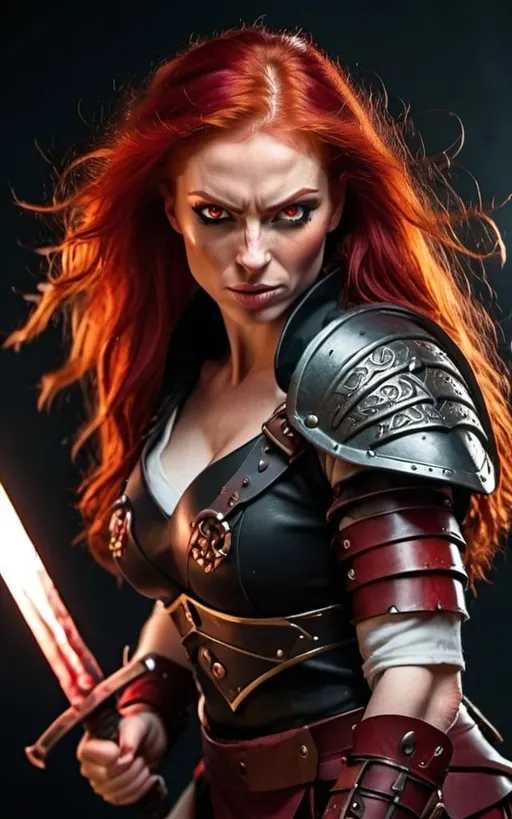 Prompt: Evil red-haired warrior woman with a mischievous grin. Carmine, red eyes. Fierce combat stance.