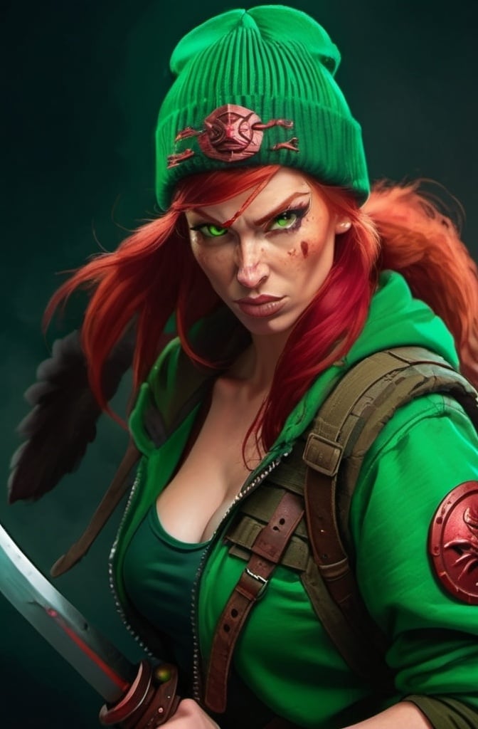 Prompt: Evil red-haired warrior woman, wearing a green beanie and a mischievous smirk. Carmine, red eyes. Fierce combat stance. 