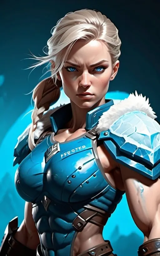 Prompt: Female figure. Greater bicep definition. Sharper, clearer blue eyes.  Frostier, glacier effects. Fierce combat stance. 