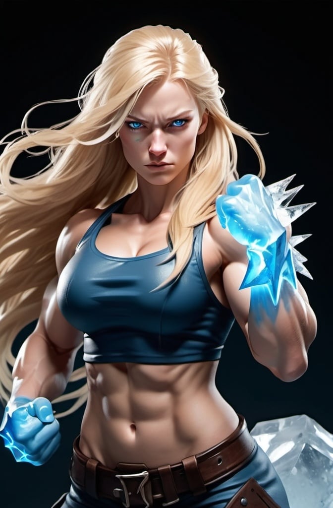 Prompt: Female figure. Greater bicep definition. Sharper, clearer blue eyes. Nosebleed. Long Blonde hair flapping. Frostier, glacier effects. Fierce combat stance. Icy Knuckles. 