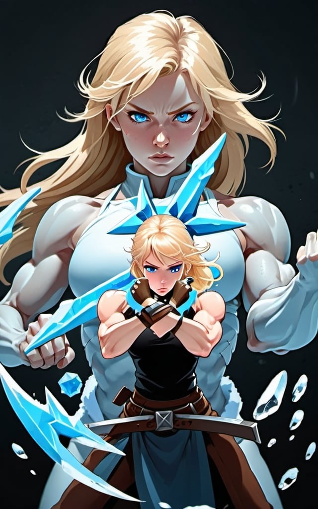 Prompt:  Female figure. Greater bicep definition. Sharper, clearer blue eyes. Blonde hair flapping. Nosebleed. Frostier, glacier effects. Fierce combat stance. Ice Shuriken. 