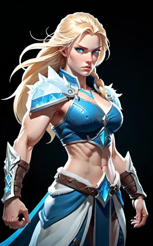 Prompt: Female figure. Greater bicep definition. Sharper, clearer blue eyes. Long Blonde hair flapping. Frostier, glacier effects. Fierce combat stance. Ice daggers.