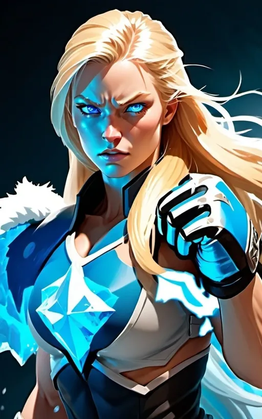 Prompt: Female figure. Greater bicep definition. Sharper, clearer blue eyes. Long Blonde hair flapping. Frostier, glacier effects. Fierce combat stance. Icy Knuckles. Raging Fists.