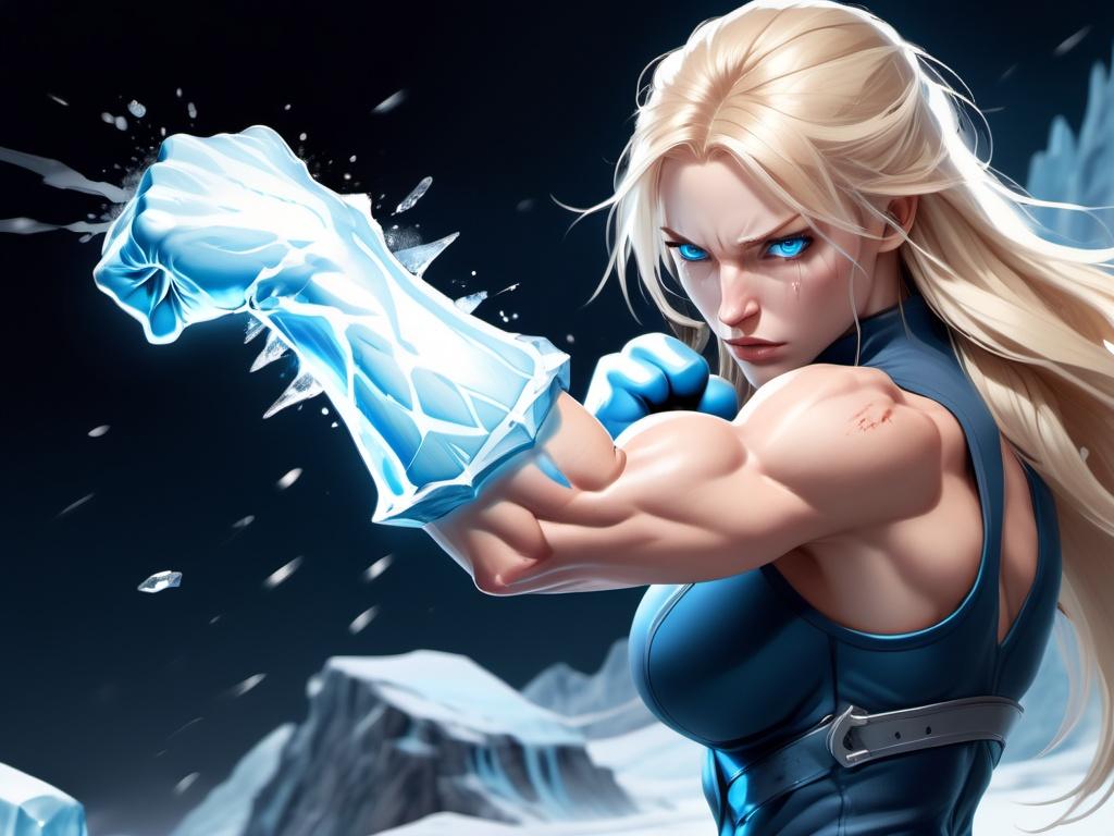 Prompt: Female figure. Greater bicep definition. Sharper, clearer blue eyes. Nosebleed. Long Blonde hair flapping. Frostier, glacier effects. Fierce combat stance. Raging Fists. Icy Knuckles.