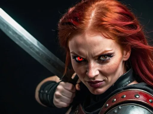 Prompt: Evil red-haired warrior woman with a mischievous grin. Carmine, red eyes. Fierce combat stance.