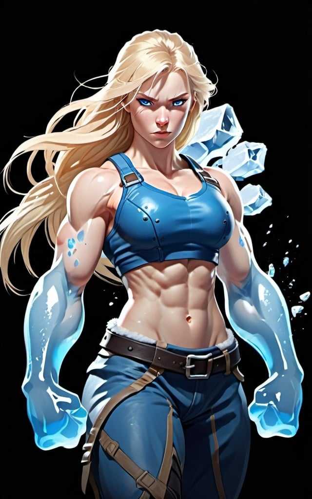 Prompt: Female figure. Greater bicep definition. Sharper, clearer blue eyes. Long Blonde hair flapping. Frostier, glacier effects. Fierce combat stance. Ice Fists.