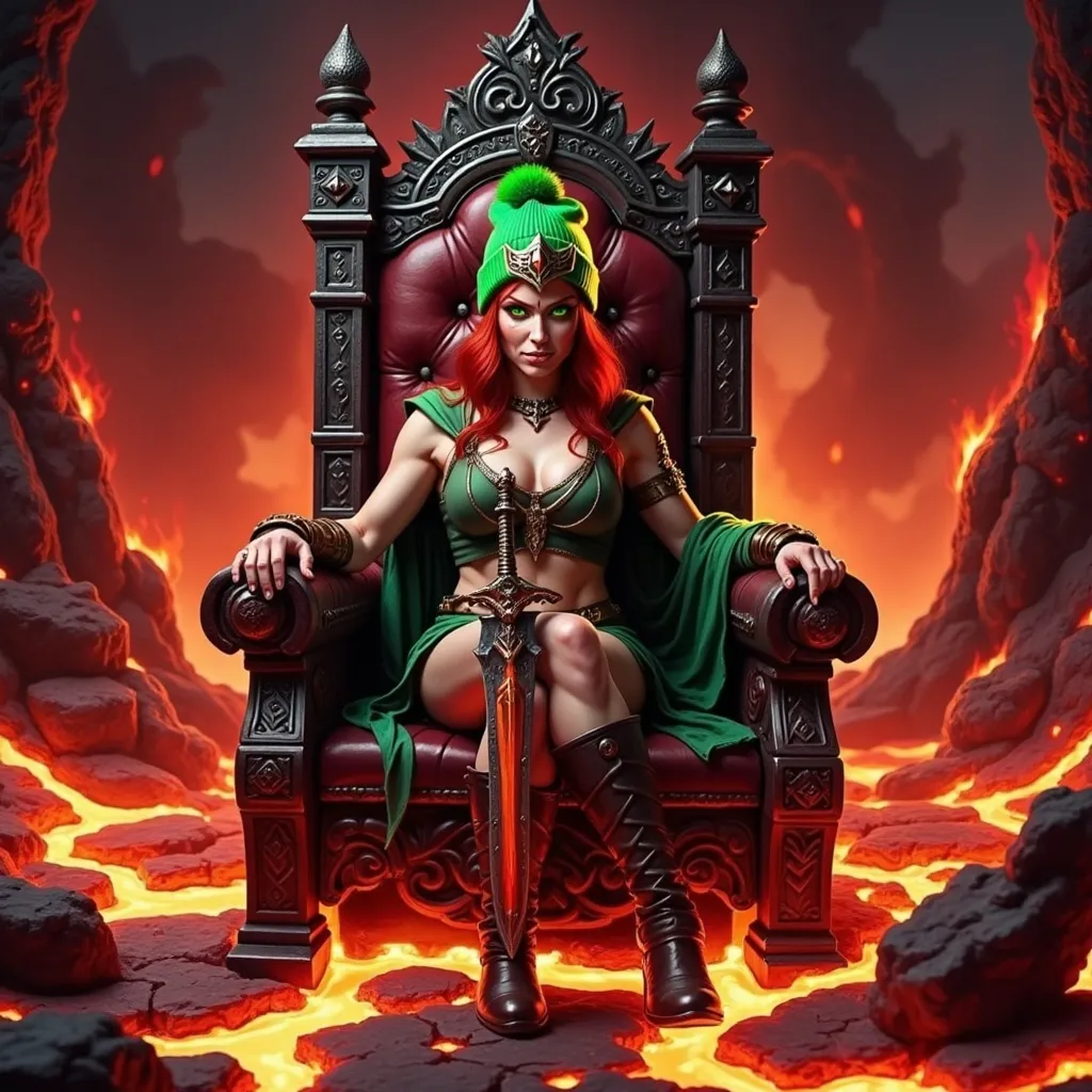Prompt: @wbV7YKlXTFt2cBPb46HT A regal female figure seated on an ornate throne, wearing a shimmering crown atop her head. She is positioned centrally within a vast kingdom of flowing, molten lava, with fiery cracks illuminating the dark, volcanic landscape. The throne is carved from dark stone with glowing red accents, contrasting sharply against the fiery environment. Bright, flickering flames cast dynamic shadows across her face and attire, highlighting her commanding presence. The scene is viewed from a slightly low angle, emphasizing her dominance over the fiery realm. Embers drift through the air, and the molten lava reflects the intense glow, creating a dramatic, high-contrast atmosphere.