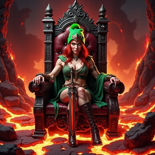 Prompt: @wbV7YKlXTFt2cBPb46HT A regal female figure seated on an ornate throne, wearing a shimmering crown atop her head. She is positioned centrally within a vast kingdom of flowing, molten lava, with fiery cracks illuminating the dark, volcanic landscape. The throne is carved from dark stone with glowing red accents, contrasting sharply against the fiery environment. Bright, flickering flames cast dynamic shadows across her face and attire, highlighting her commanding presence. The scene is viewed from a slightly low angle, emphasizing her dominance over the fiery realm. Embers drift through the air, and the molten lava reflects the intense glow, creating a dramatic, high-contrast atmosphere.