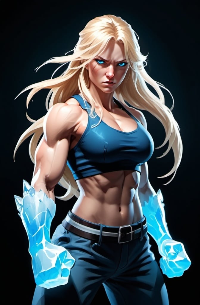 Prompt: Female figure. Greater bicep definition. Sharper, clearer blue eyes. Nosebleed. Long Blonde hair flapping. Frostier, glacier effects. Fierce combat stance. Raging Fists. Icy Knuckles. 