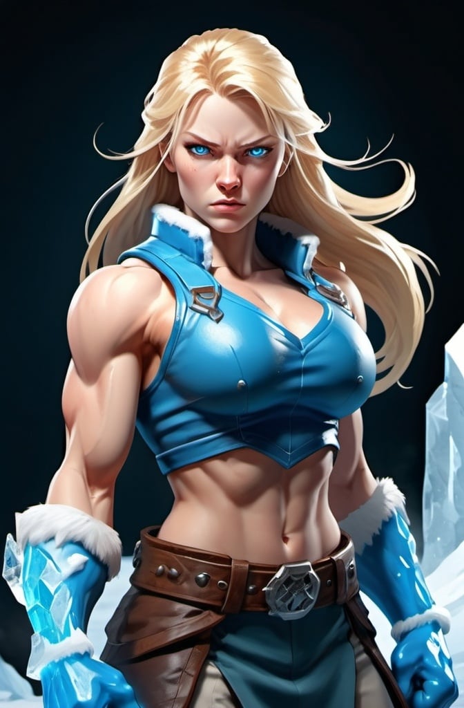 Prompt: Female figure. Greater bicep definition. Sharper, clearer blue eyes. Long Blonde hair flapping. Frostier, glacier effects. Fierce combat stance. Icy Knuckles. Raging Fists.