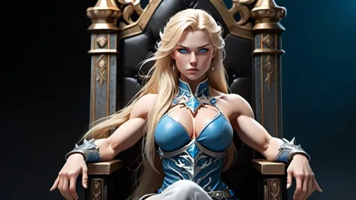 Prompt: Female figure. Greater bicep definition. Sharper, clearer blue eyes. Long Blonde hair flapping. Frostier, glacier effects. Fierce combat stance. Sitting on a throne.