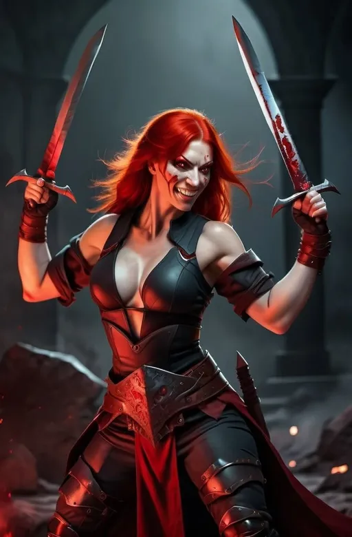 Prompt: Evil red-haired warrior woman with a mischievous grin. Carmine, red eyes. Fierce combat stance.