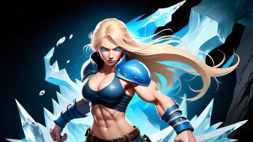 Prompt: Female figure. Greater bicep definition. Sharper, clearer blue eyes. Nosebleed. Long Blonde hair flapping. Frostier, glacier effects. Fierce combat stance. Raging Fists. Icy Knuckles.