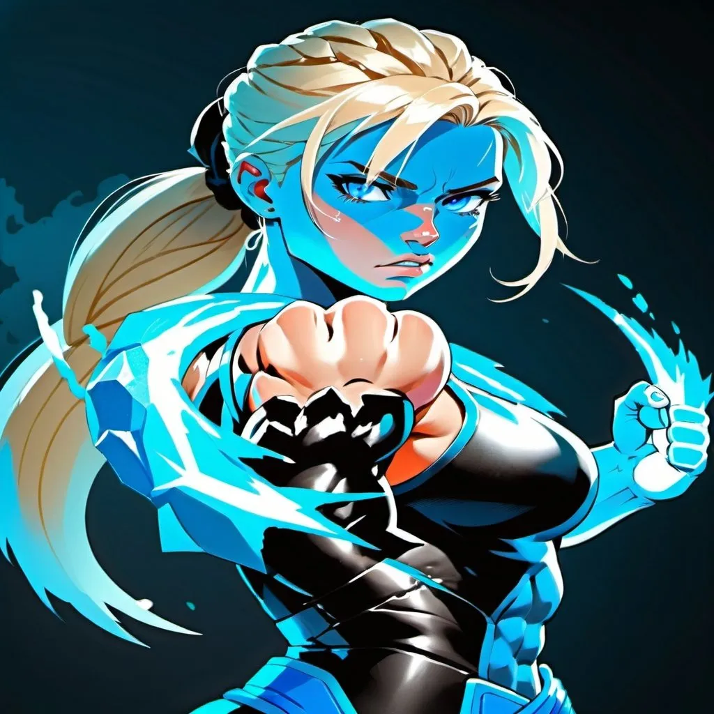 Prompt: Female figure. Greater bicep definition. Sharper, clearer blue eyes. Blonde hair.  Frostier, glacier effects.  Fierce combat stance. Raging Fists. 