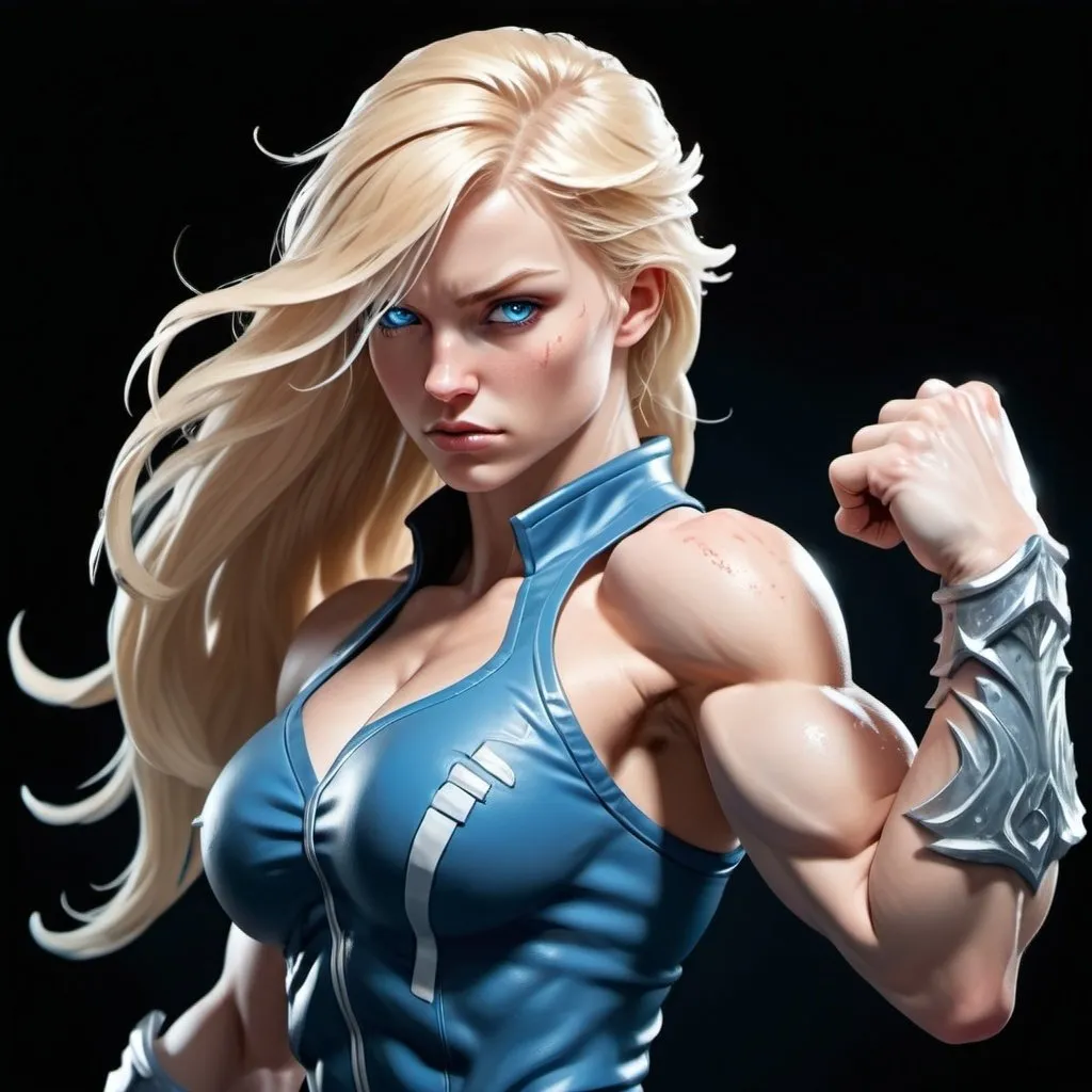 Prompt: Female figure. Greater bicep definition. Sharper, clearer blue eyes. Bleeding. Long Blonde hair flapping. Frostier, glacier effects. Fierce combat stance. Icy Knuckles. 