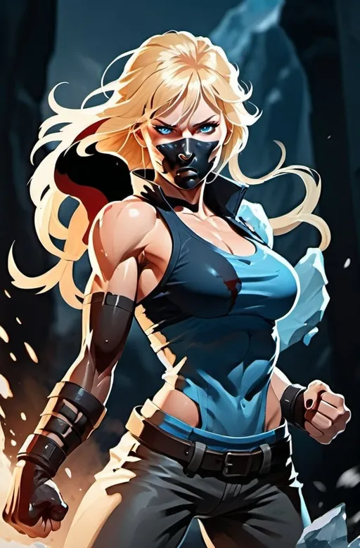 Prompt: Female figure. Greater bicep definition. Sharper, clearer blue eyes. Nose bleed. Blonde hair flapping. Frostier, glacier effects. Fierce combat stance. Raging Fists. 