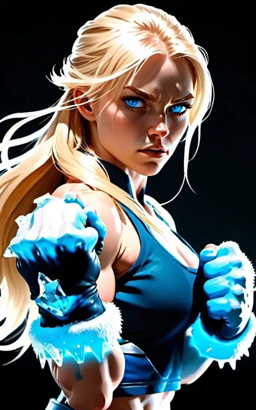 Prompt: Female figure. Greater bicep definition. Sharper, clearer blue eyes. Long Blonde hair flapping. Frostier, glacier effects. Fierce combat stance. Ice Fists.