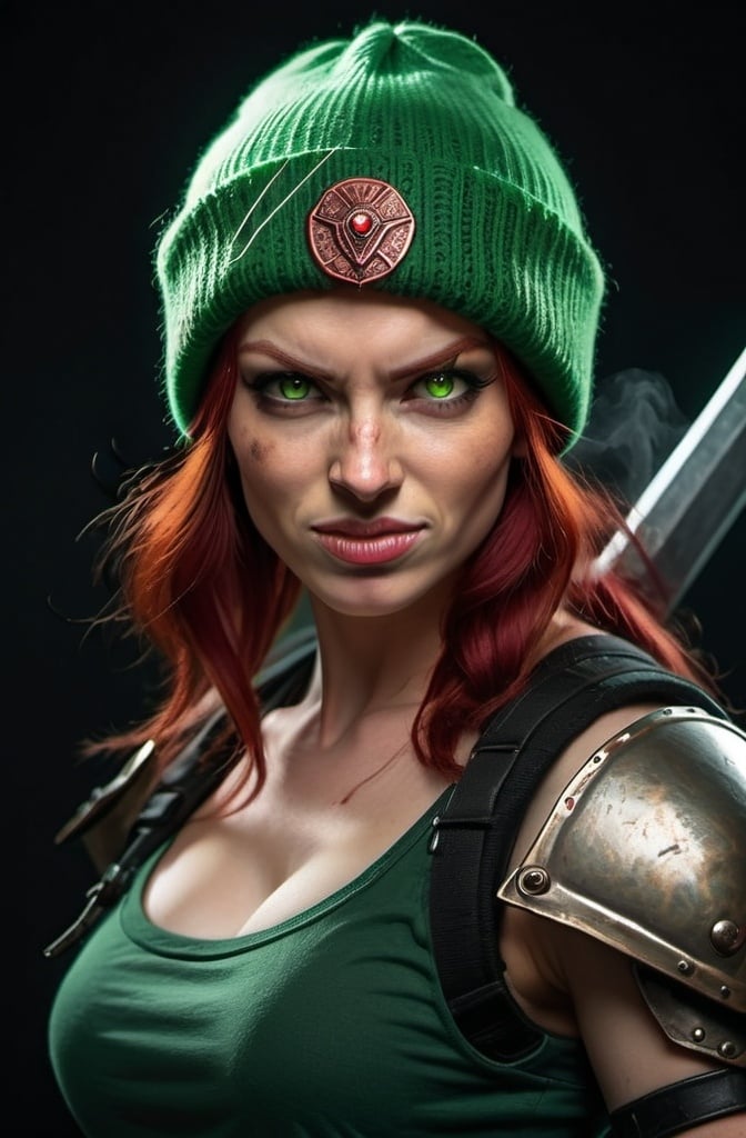 Prompt: Evil red-haired warrior woman, wearing a green beanie and a mischievous smirk. Carmine, red eyes. Fierce combat stance. 