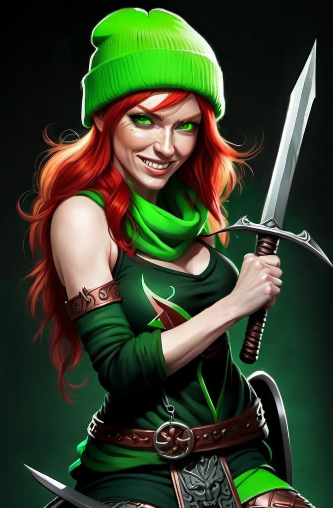 Prompt:  Evil red-haired warrior woman, wearing a green beanie and a mischievous smirk. Green eyes. She is sitting on a Throne. 
