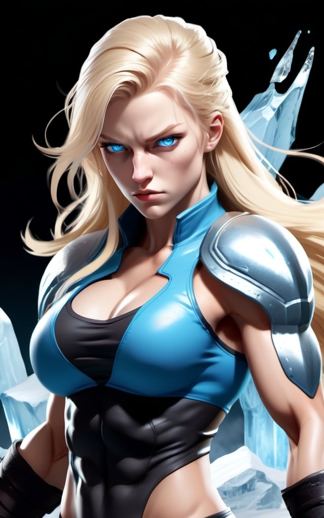 Prompt: Female figure. Greater bicep definition. Sharper, clearer blue eyes. Nosebleed. Long Blonde hair flapping. Frostier, glacier effects. Fierce combat stance. Raging Fists. Icy Knuckles.