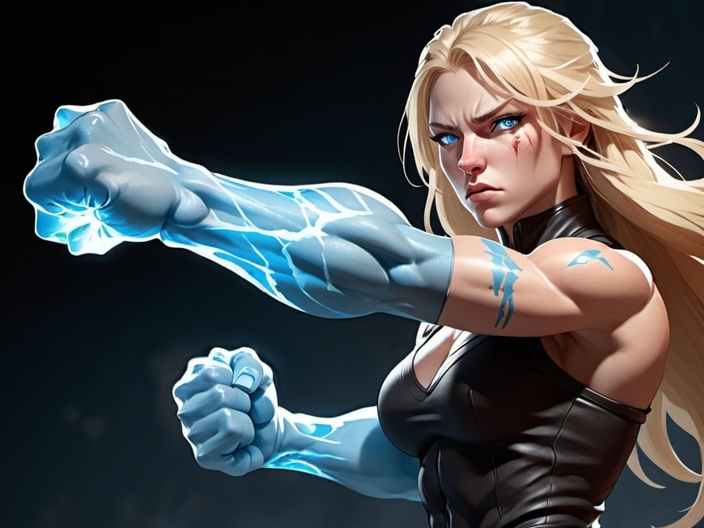 Prompt: Female figure. Greater bicep definition. Sharper, clearer blue eyes. Nosebleed. Long Blonde hair flapping. Frostier, glacier effects. Fierce combat stance. Raging Fists. Icy Knuckles. 