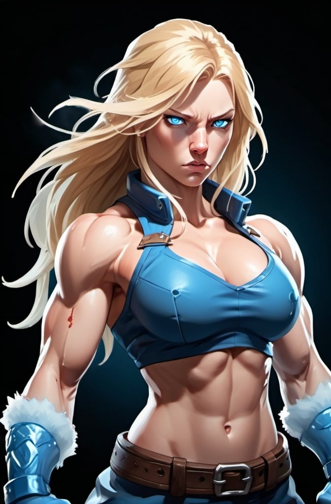 Prompt: Female figure. Greater bicep definition. Sharper, clearer blue eyes. Nosebleed. Long Blonde hair flapping. Frostier, glacier effects. Fierce combat stance. Raging Fists. Icy Knuckles. 