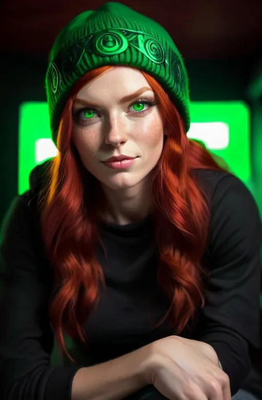 Prompt:  Evil red-haired warrior woman, wearing a green beanie and a mischievous smirk. Green eyes. She is sitting on a Throne. 