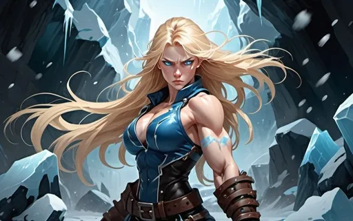 Prompt: Female figure. Greater bicep definition. Sharper, clearer blue eyes. Nosebleed. Long Blonde hair flapping. Frostier, glacier effects. Fierce combat stance. Raging Fists. Icy Knuckles. 