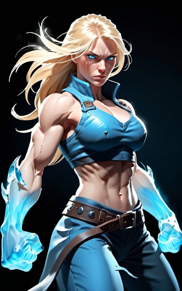 Prompt: Female figure. Greater bicep definition. Sharper, clearer blue eyes. Long Blonde hair flapping. Frostier, glacier effects. Fierce combat stance. Raging Fists.