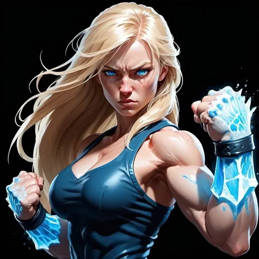 Prompt: Female figure. Greater bicep definition. Sharper, clearer blue eyes. Bleeding. Long Blonde hair flapping. Frostier, glacier effects. Fierce combat stance. Raging Fists. Icy Knuckles. 