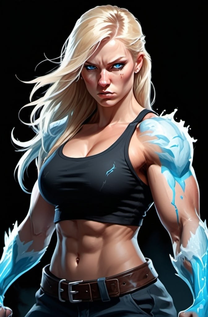 Prompt: Female figure. Greater bicep definition. Sharper, clearer blue eyes. Nosebleed. Long Blonde hair flapping. Frostier, glacier effects. Fierce combat stance. Raging Fists. Icy Knuckles. Keep Tattoo on the shoulder. 